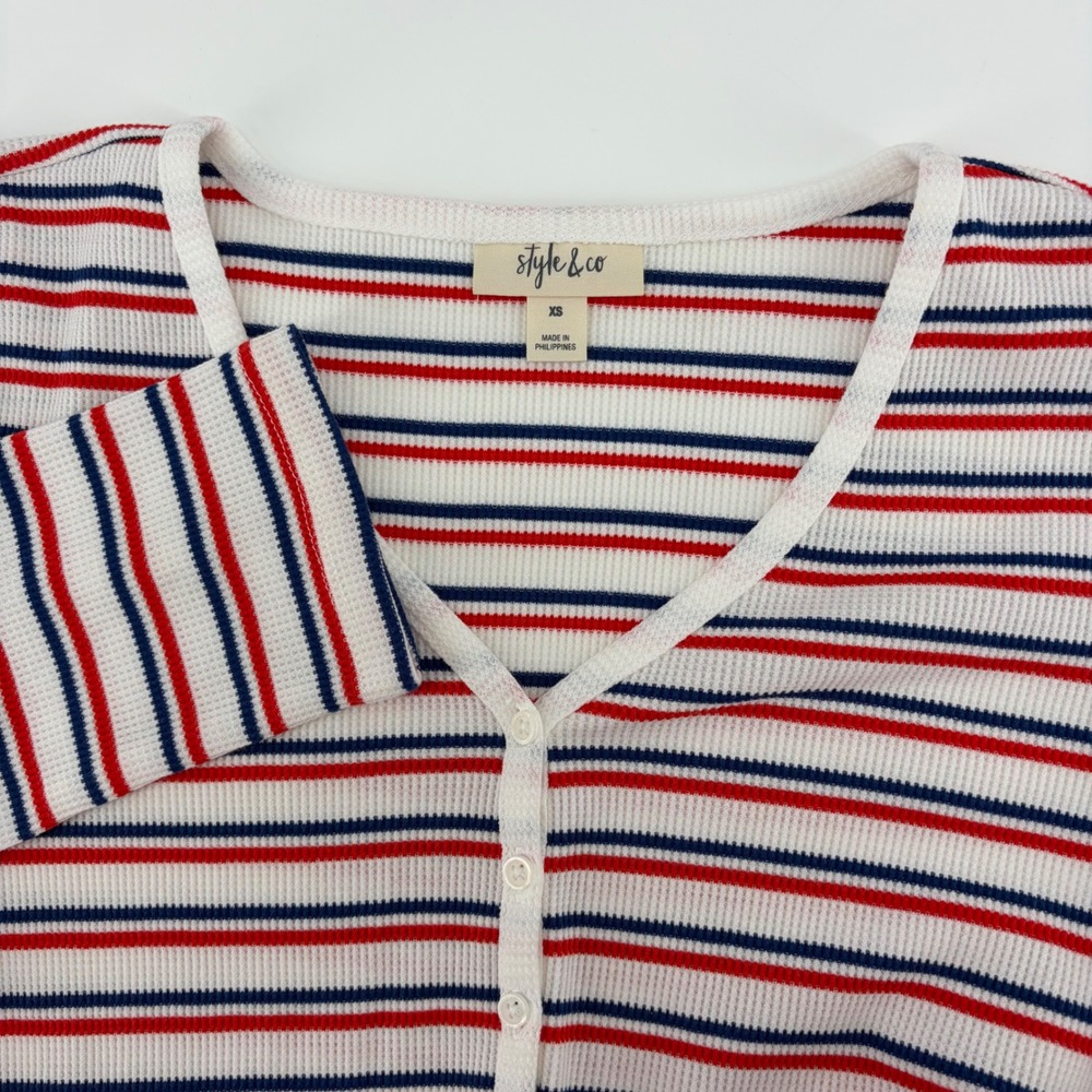 Style & Co Womens Red Blue‎ Striped Waffle Knit Henley Top XS New